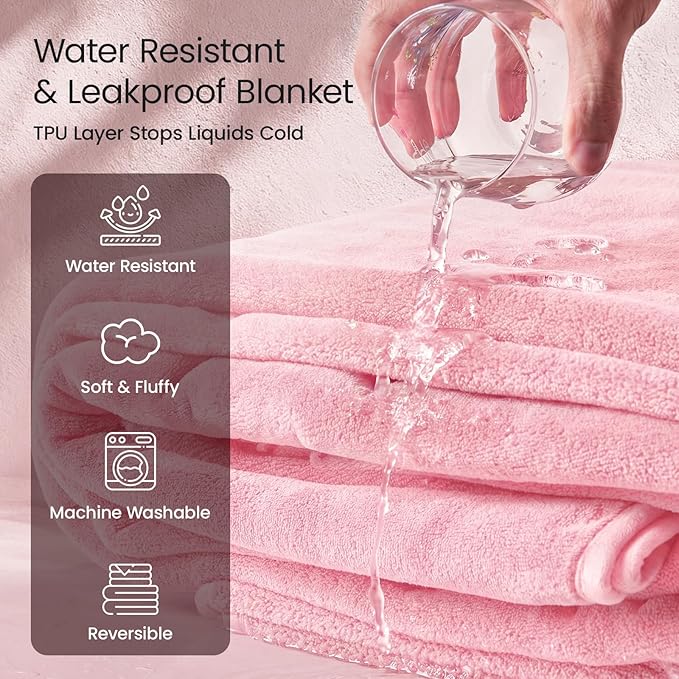 LOOBANI Waterproof Blanket for Bed Couch: Soft Coral Fleece Twin Bed Blankets Waterproof 60" x 80", Reversible Leakproof Throw Blanket, Stain-Resistant Furniture Protector, Pet-Friendly, Pink