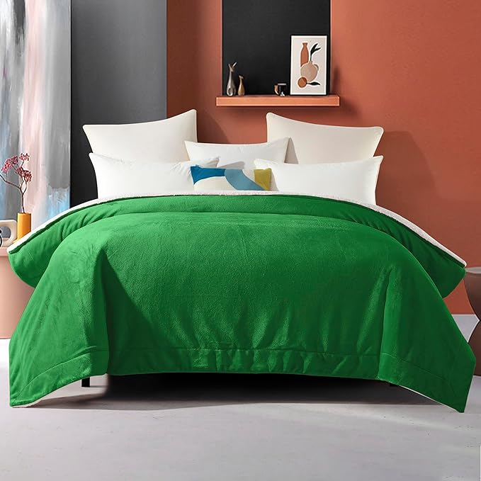 Elegant Comfort Ultra Soft Reversible Flannel Sherpa Blanket - Cozy Silky Fleece Throw for Couch, Bed - Plush Fuzzy Warm Winter Blanket for Gift, Full, Emerald Green