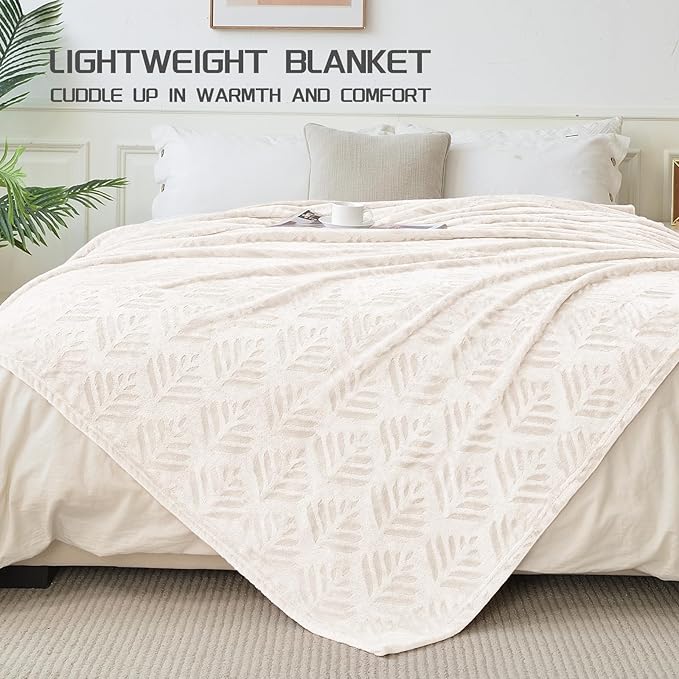 Exclusivo Mezcla King Size Fleece Blanket for Bed, Super Soft and Cozy Blankets All Season Use, Leaves Pattern, Plush Fuzzy Lightweight, Ivory, 90x104 Inch