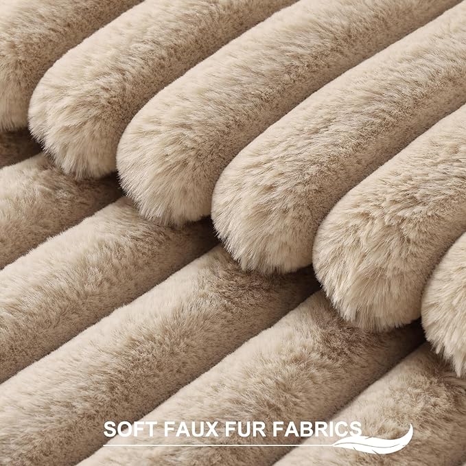 Pallene Faux Fur Plush Throw Pillow Covers 20x20 Set of 2, Luxury Soft Fluffy Striped Decorative Pillow Covers for Sofa, Couch, Living Room, Khaki
