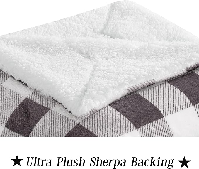 Elegant Comfort Luxury Ultra-Plush Velvet Touch Buffalo Plaid Fleece Throw - Soft, Warm, Cozy Micromink Sherpa-Backing Reversible Blanket for Bed, Sofa and Couch, Buffalo Gray