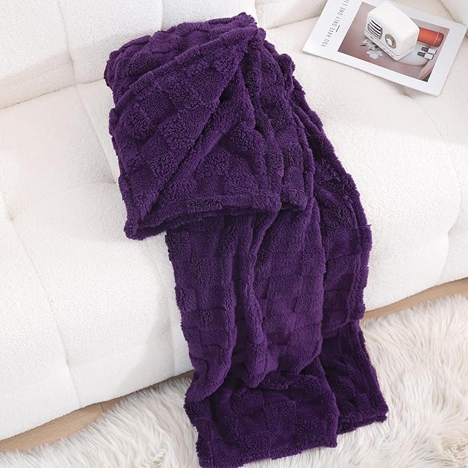 Deep Purple Fleece Throw Blanket 50”×60” for Couch Sofa Bed,Super Soft Cozy Plush Microfiber Flannel Blanket with 3D Checkered Design Lightweight for Adults,Woman,Girls