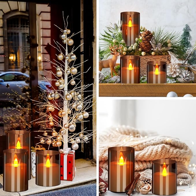 Flameless Candles 4" 5" 6" Acrylic Glass Pillars 3" Diameter Battery Operated Flickering Candles Include Remote with 24Hour Timer Function 400+ Hours by 2 AA Batteries (Gray, Warm Light 9 Pack)