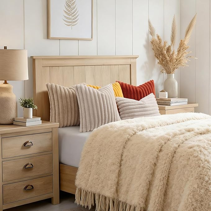 decorUhome Cozy Faux Fur Throw Pillow Covers 12x12 Set of 2 Decorative Soft Plush Striped Modern Farmhouse Boho Couch Pillow Cases with Velvet Back for Sofa Bed Living Room, Khaki Brown