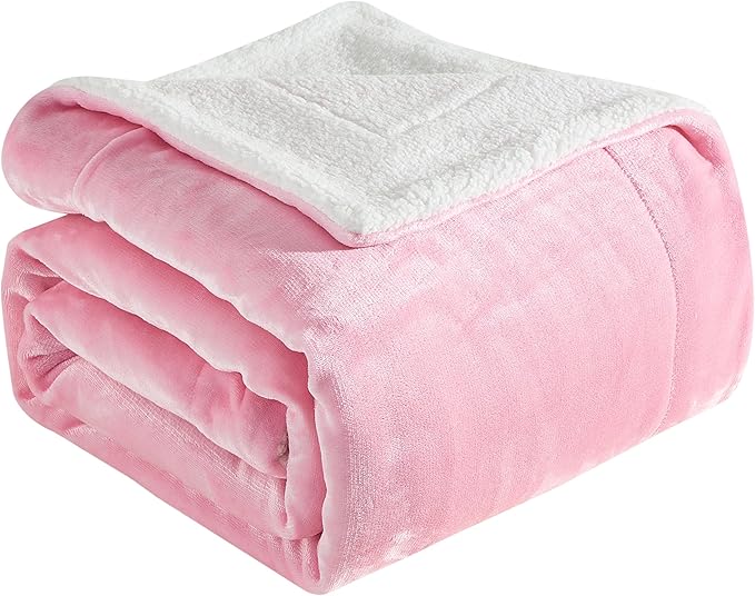 Elegant Comfort Ultra Soft Reversible Flannel Sherpa Blanket - Cozy Silky Fleece Throw for Couch, Bed - Plush Fuzzy Warm Winter Blanket for Gift, King, Light Pink