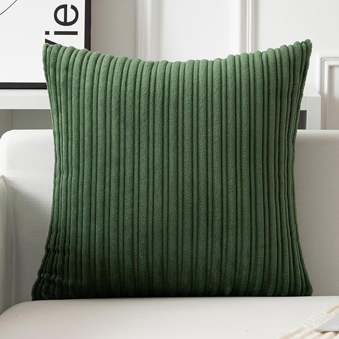 UGASA Velvet 24x24 Inch Soft Throw Pillow Cover Boho Farmhouse Decorative Corduroy Striped Both Sides Solid Square Cushion Case for Couch Bedroom Sofa Home, 1 Piece, Moss Green