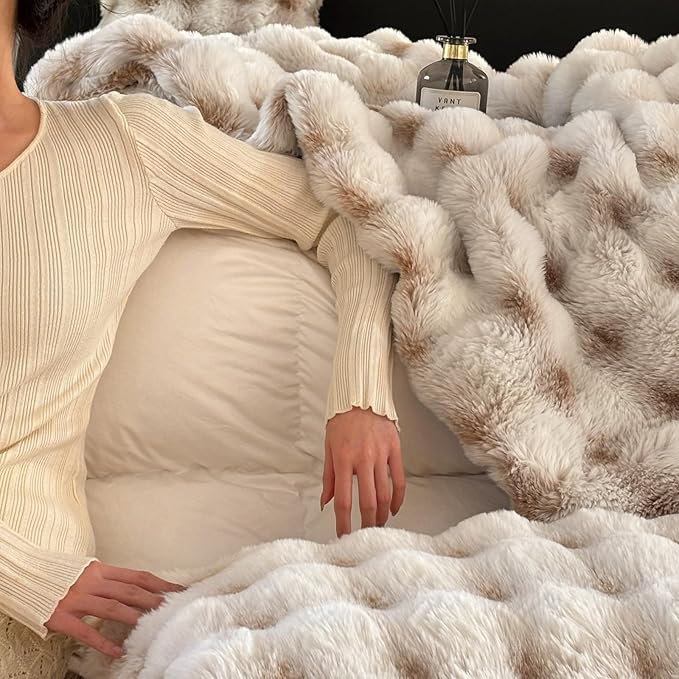 Luxury 1000GSM Throw Blanket, 60x80 Inches, Ultra Soft Double-Sided 3D Bubble Textured Faux Rabbit Fur, Frosted Khaki & White, Reversible High-Density Plush Warm Blanket for Sofa & Bed