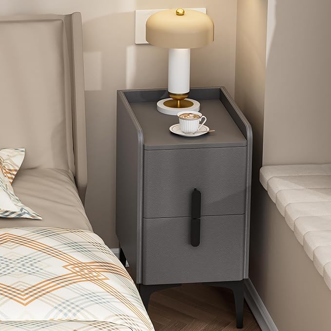 VICITON Narrow Nightstand with 2 Drawers, Narrow Side Table Leather Surface, Slim Bedside Table for Bedrooms, Dormitories, Living Rooms (Light Gray, 15.7" D x 11.8" W x 22.4" H)