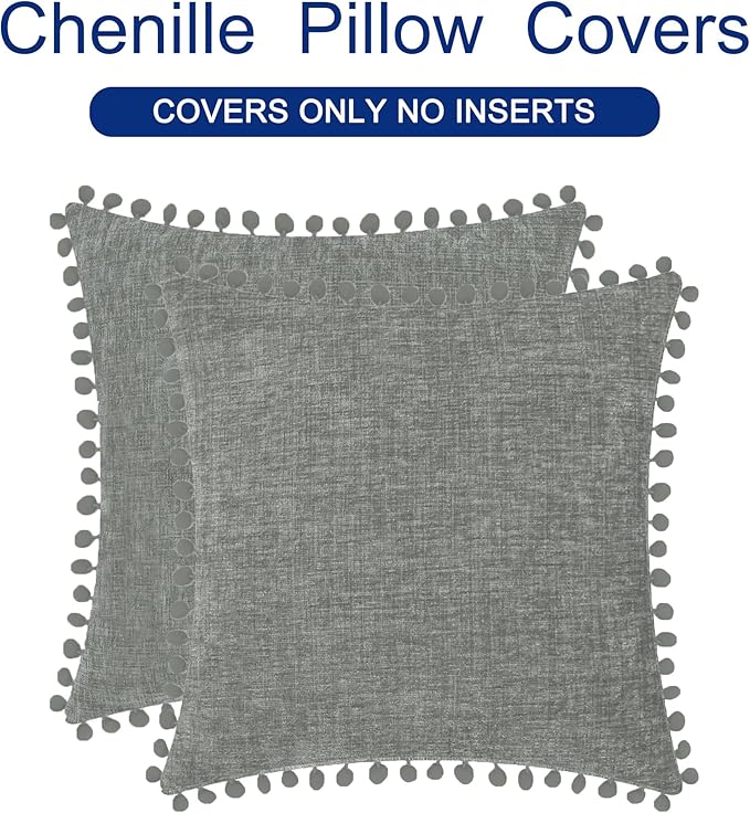CaliTime Throw Pillow Covers Decorative 20 X 20 Inches Pack of 2 Cozy Solid Dyed Soft Chenille Cushion Cases with Pom Poms for Couch Sofa Bed Living Room Home Medium Grey