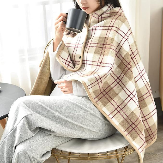 forestfish Fleece Wearable Blanket, Plaid Lap Blanket Comfy Poncho Throw with Buttons for Bed Sofa Office, Brown-White