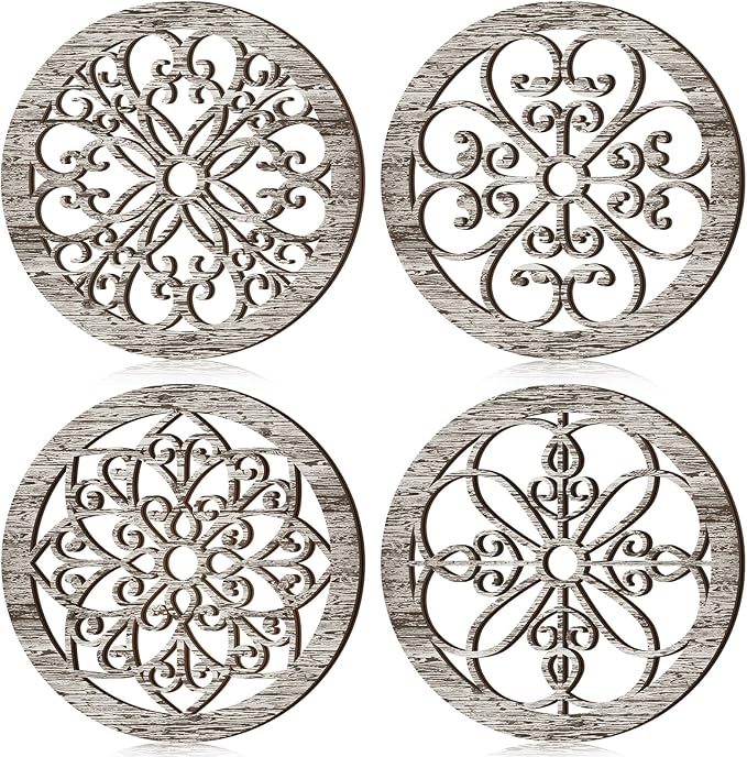 Yulejo 4 Pcs Thicken Rustic Wall Decor Farmhouse Kitchen Wall Round Art Wooden Hollow Carved Design Rustic Art for Living Room Bedroom Hallway Decor (15.7 x 15.7 Inch,Retro White)