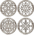 Yulejo 4 Pcs Thicken Rustic Wall Decor Farmhouse Kitchen Wall Round Art Wooden Hollow Carved Design Rustic Art for Living Room Bedroom Hallway Decor (15.7 x 15.7 Inch,Retro White)