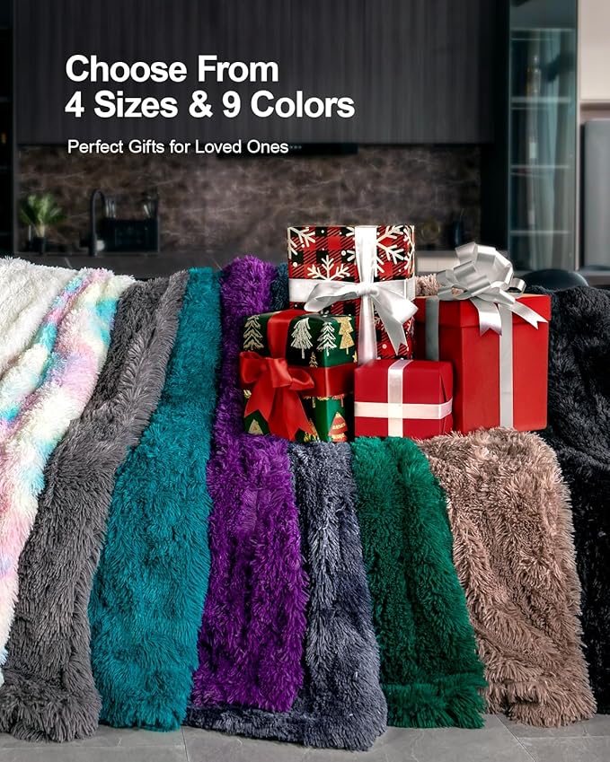 Pawque Faux Fur Throw Blankets 50x60 Inches, Soft Fuzzy Fluffy Blanket, Warm Thick Sherpa Long Hair Shag Reversible Lightweight Cozy Throw for Bedroom Sofa Couch, Black