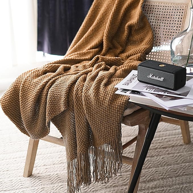 LOMAO Knitted Throw Blanket with Tassels Bubble Textured Lightweight Throws for Couch Cover Home Decor (Khaki, 60x80)