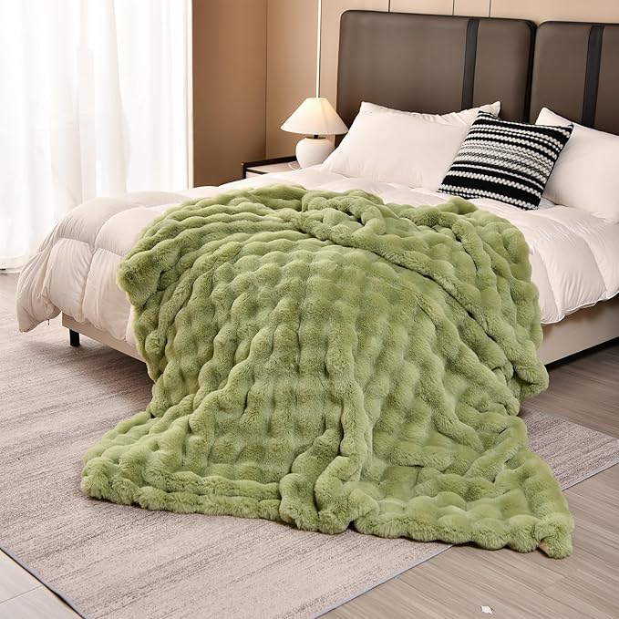 H&D Faux Fur Throw Blanket for Couch,Fluffy Cozy Soft Plush Luxury Thick Fuzzy Fleece Blanket for Couch Bed Sofa Bedroom Living Room,Comfy Bubble Blanket(Sage Green, Throw (50" x 60"))