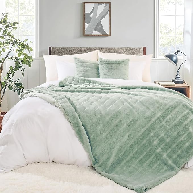 NEXHOME PRO Faux Fur Throw Blanket Sage Green, Soft Cozy Plush Fleece Blanket for Sofa Couch Bed Living Room, Dual Sided Blankets for Women Men Kids 50 * 60 Inches
