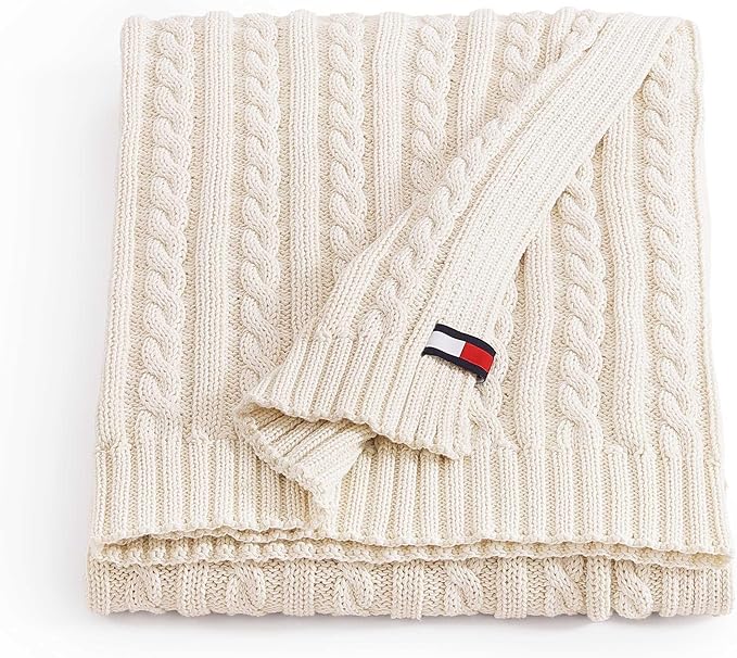 Tommy Hilfiger - Blanket, Ultra-Soft Cable Knit Throw Blanket for Bed or Couch, Lightweight Bedding with a Soft Textured Feel & Iconic Flag Logo (Off-White, 50" x 70")