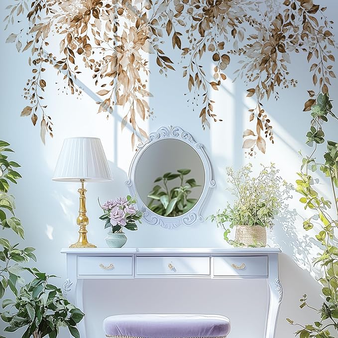 Brown Plants Leaves Wall Decals Peel and Stick, Large Floral Flowers Vinyl Wall Stickers, Removable Vine Home Decor Art for Bedroom Living Room Classroom Office