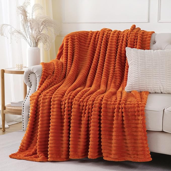 Orange Throw Blanket for Couch Sofa 50x60 inches Striped Fleece Blankets Room Home Decor Lightweight Plush Soft Cozy Gifts for Women Mom Girls