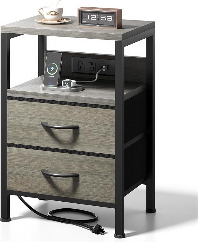 NightStand Bedside Charging Table Bedroom - Night Stand with Charger Station, Modern Nightstand with Open Shelf & 2 Fabric Drawers, End Table with USB-C USB Ports & AC Outlets for Dorm, Grey