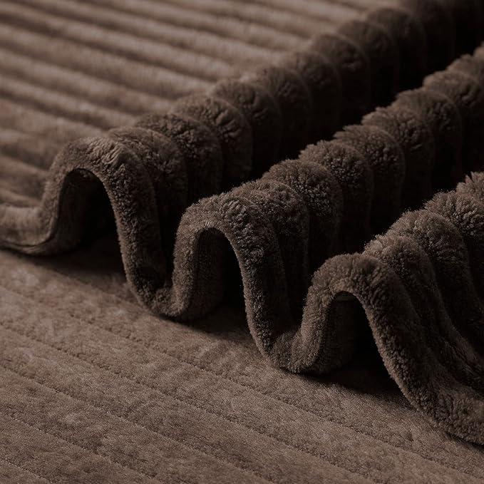 Vessia Flannel Fleece Throw Blanket(50X70 Inch), 300GSM Cozy Brown Stripe Throw for Couch, Sofa and Bed, Warm and Soft Chocolate Microfiber Ribbed Blanket for All Season