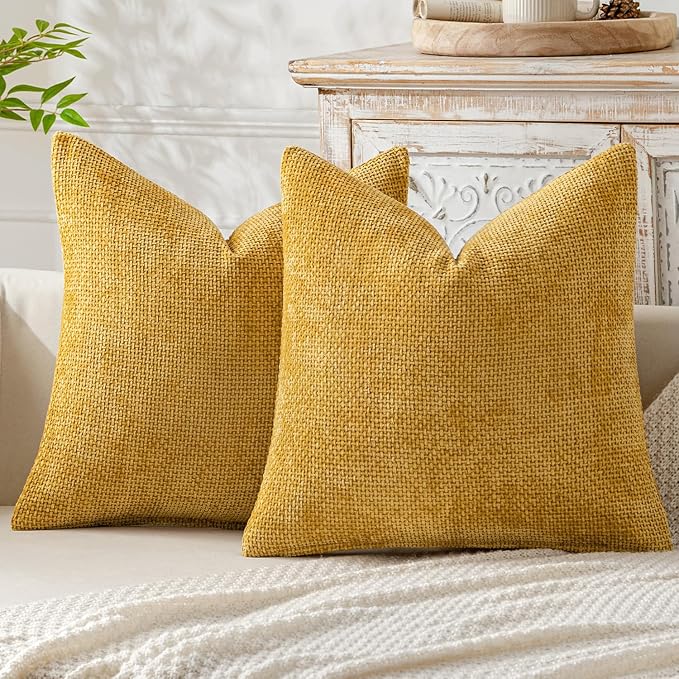 MIULEE Pack of 2 Gold Euro Sham Pillow Covers 24x24 Inch Mustard Yellow Summer Modern Boho Accent Decorative Throw Pillow Covers Soft Chenille Farmhouse Cushion Covers for Home Decor Couch Bed Sofa