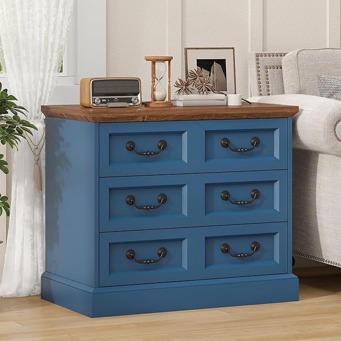 Farmhouse Night Stand with Charging Station, 27.6" Wider Blue Wood Nightstand with 3 Drawers Dividers Storage, Larger Bedside Table, Side Table End Table for Bedroom, Living Room, Sofa