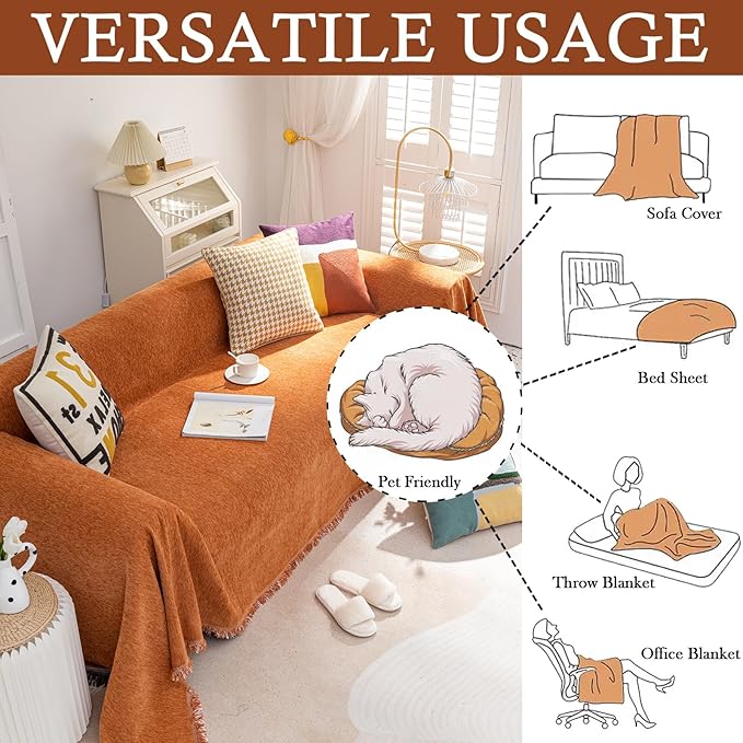 HANDONTIME Loveseat Covers Brunt Orange Sofa Covers for Couch Soft Chenille Couch Cover for Dogs Washable Furniture Protector with Tassel Solid Pet Couch Protector Thick, 71" X134"