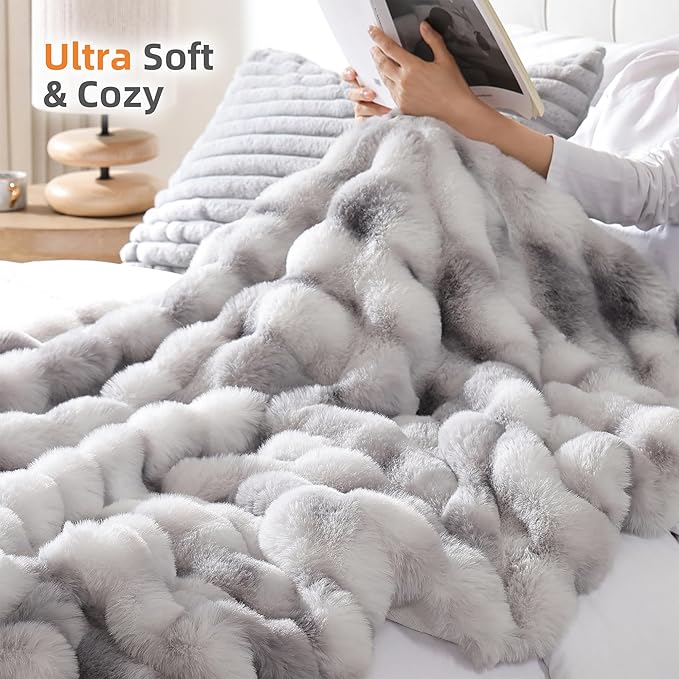 Smoofy Faux Fur Throw Blanket for Couch Rabbit Fleece - Tie-dye Grey Fluffy Blanket for Sofa Bedroom Living Room, Cozy Soft Plush Luxury Thick Winter Fuzzy Comfy Bubble Blanket - 50" x 60"