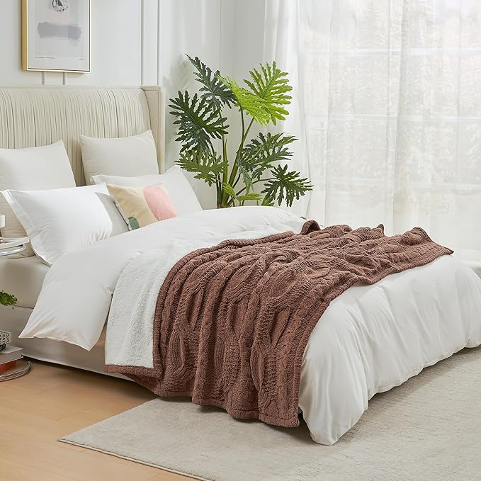 Amélie Home Cable Knit Throw Blanket for Couch Twin, Chenille Sherpa Soft Cozy Throw Blankets for Sofa Chair Comfortable Home, 60"x80", Brown