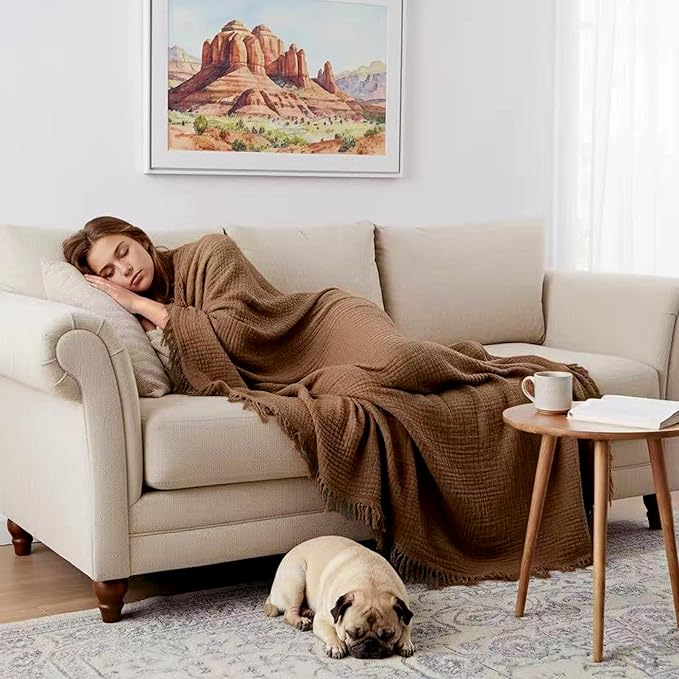 KyraHome 100% Cotton Throw Blankets, 90“x90” Queen, Organic Cotton Blanket, Plant Dyed, Breathable Lightweight Muslin Blankets for Adult, Kids, Bed, Couch, All Season, (Brown)
