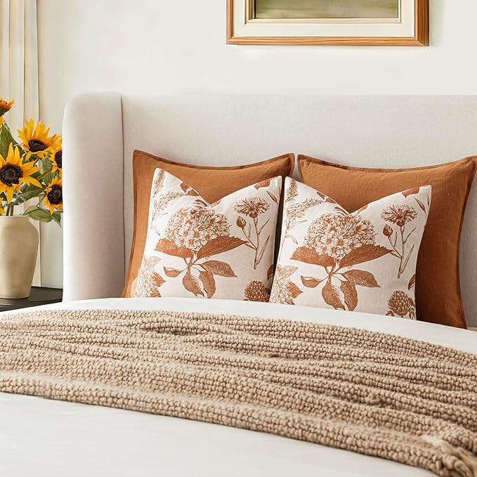 Foindtower Set of 2 Linen Floral Throw Pillow Covers Vintage Accent Print Decorative Cozy Cushion Covers Farmhouse Boho Home Decor for Sofa Chair Couch Bedroom Living Room,20×20 Inch,Autumn Orange