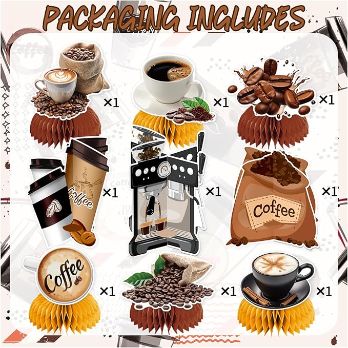 9 PCS Coffee Honeycomb Centerpieces Coffee Table Decorations Table Topper for Coffee Party Decorations Coffeehouse Birthday Party Supplies