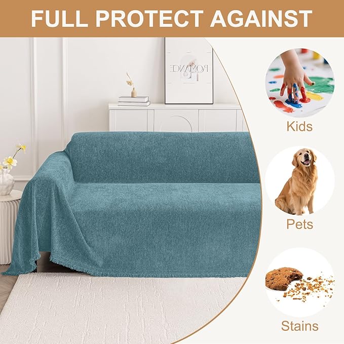 Smiry Couch Cover for Dogs, Washable Chenille Sofa Covers for 3 Cushion Couch, Soft Sofa Slipcover for Pets, Thick Sectional Furniture Protector with Tassels (Blue, 71x134 Inch)