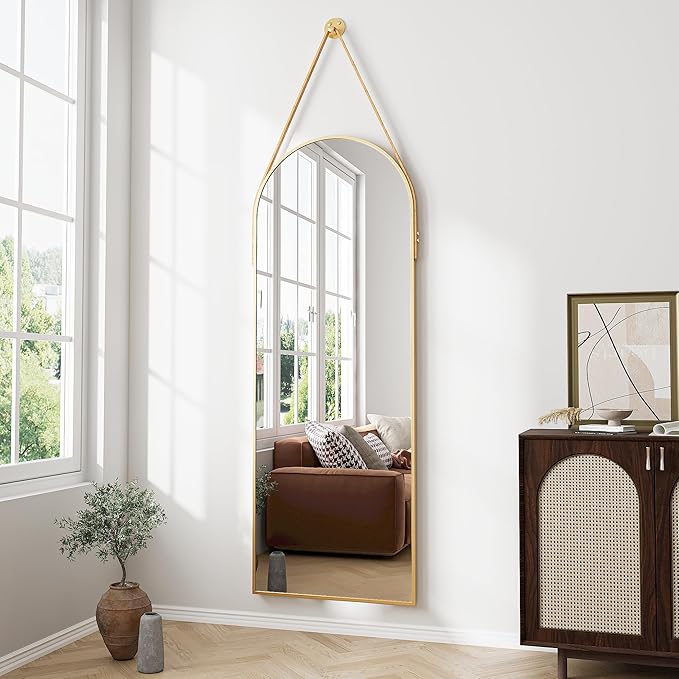 Full Length Mirror, Arched Wall Mounted Mirror, 47"x16" Door Mirrors with Hanging Leather Strap, Wall Mirrors Full Length with Aluminum Frame for Bathroom Living Room Entryway (Gold)