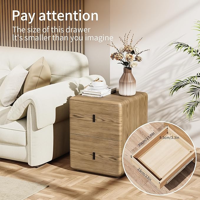 VICITON Narrow Nightstand with Drawers, Faux Leather Bedside Table, Solid Wood Drawer, Small Side Table for Bedroom (Leather Yellow Oak, 15.7" x 15.7" x 19.7")