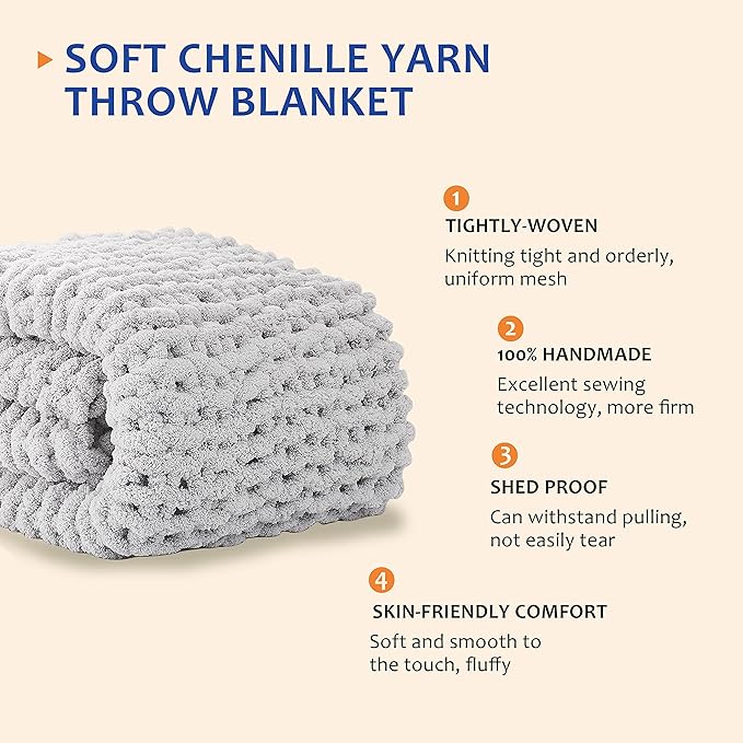 L'AGRATY Chunky Knit Blanket Throw: 60''x80'' Chenille Chunky Knitted Throw Blankets for Twin Bed Couch - Handmade Thick Cable Knit Blanket - Large Crochet Rope Blankets for Home Decor(Grey)