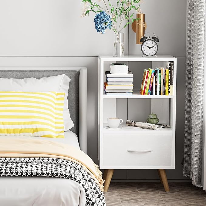 Night Stand, White Nightstand with Drawer, Side Table with Open Storage, 3-Tier Modern End Table, Bedside Table for Small Space, Living Room, Bedroom
