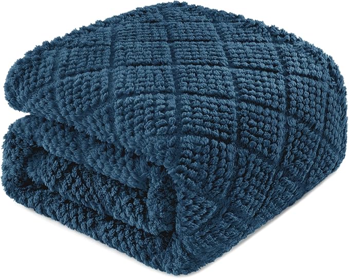 Whale Flotilla Fuzzy Fleece Throw Blanket for Couch, Bed, Soft Fluffy Jacquard Waffle Blankets for All Season, Lightweight and Warm, 50x60 Inch, Navy Blue