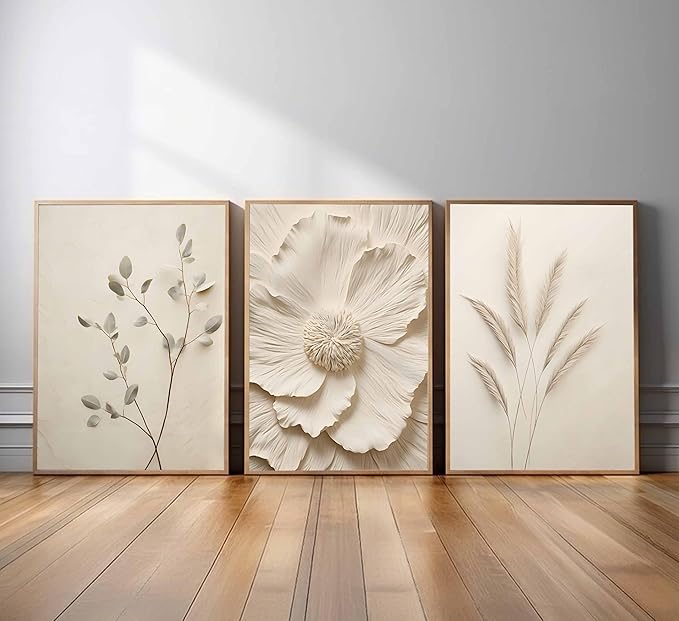 3Pcs Neutral Beige Floral Plant Canvas Wall art Textured Flower Botanical Painting Picture Wall Decor Vintage Blossom Poster Prints for Living Room Bedroom Bathroom Decor Unframed