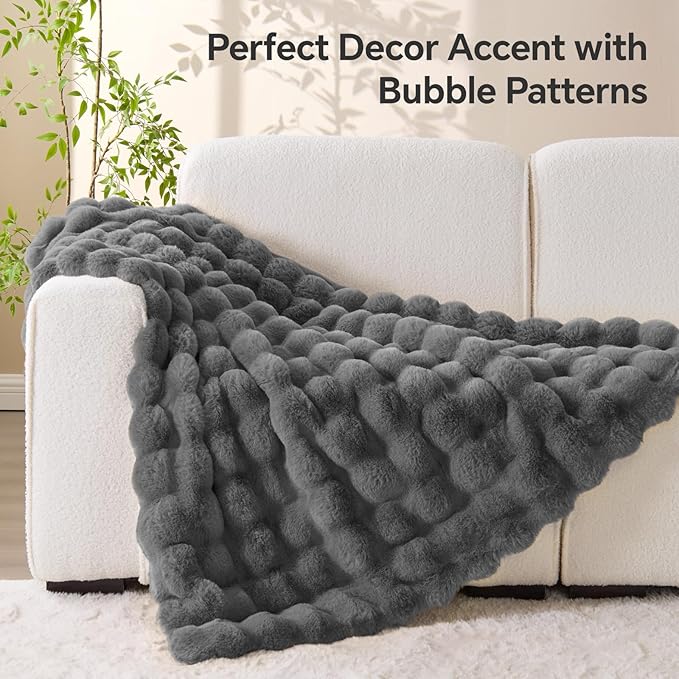 BEDELITE Faux Fur Throw Blanket, Soft Cozy Plush Dark Grey Bubble Blanket for Couch Sofa Bedroom Living Room Decor - 870GSM Thick Warm Fuzzy Fluffy Faux Rabbit Fur Blanket, 60x80 Inches