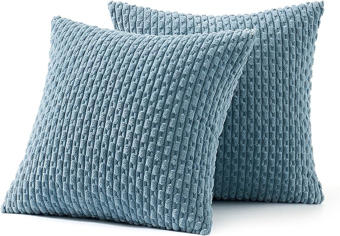 MIULEE Pack of 2 Decorative Throw Pillow Covers 18x18 Inch Soft Boho Striped Textured Corduroy Pillow Covers Modern Farmhouse Home Decor for Couch Bed Sofa Living Room Blue Grey
