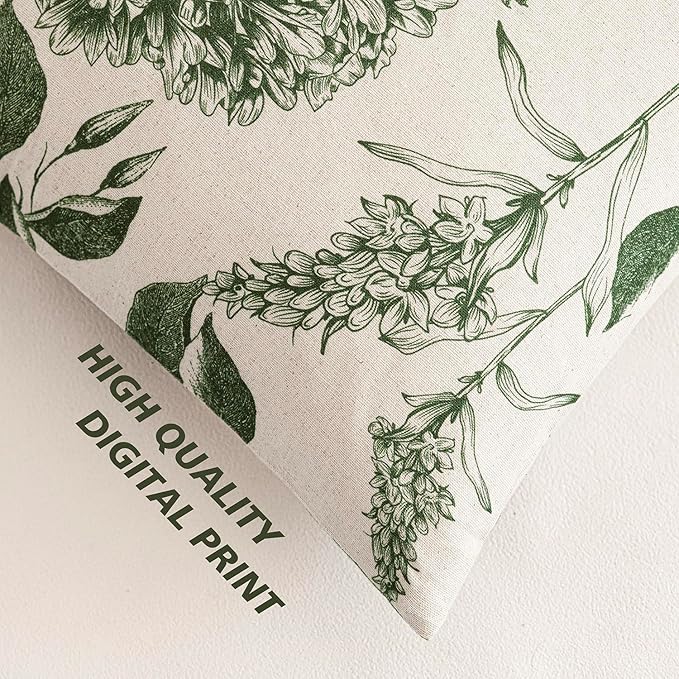 Foindtower Set of 2 Linen Floral Throw Pillow Covers Neutral Vintage Print Decorative Cozy Cushion Covers Farmhouse Boho Home Decor for Sofa Chair Couch Bedroom Living Room,24×24 Inch,Dark Green