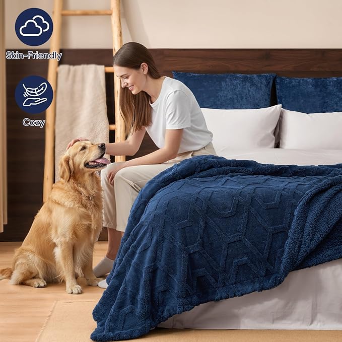 PHF Fluffy Sherpa Fleece Blanket King Size for Winter, Warm and Cozy, 510GSM 3D Tufted Shaggy Fleece Blanket for Sofa Bed, Navy Blue, 108"x90"