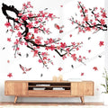 wondever Watercolor Plum Flower Tree Branch Wall Stickers Red Cherry Blossom Floral Birds Peel and Stick Wall Art Decals for Bedroom Living Room Sofa
