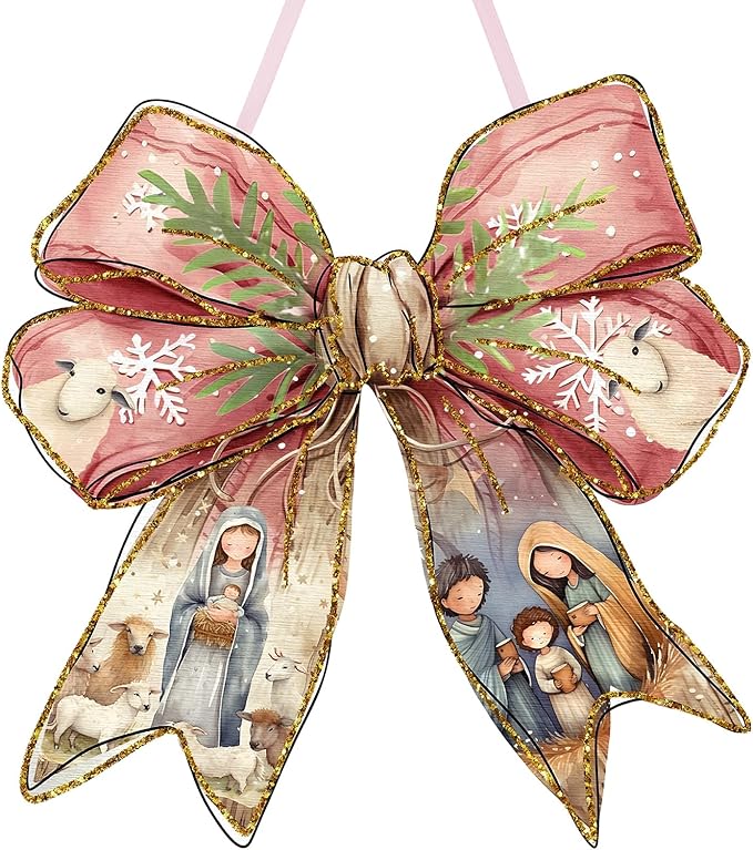RattanView Jesus Christmas Bow Wooden Hanging Sign Coquette Bow Wall Hanging Nativity Scene Wall Art Bowknot Welcome Door Sign Decor for Room College Dorm Apartment Indoor Outdoor Porch