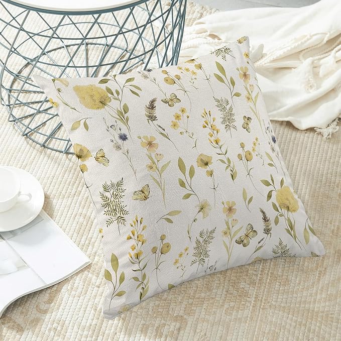 Spring Pillow Covers 16x16 Inch Set of 2, Mustard Yellow Green Wild Flower Throw Pillows Case,Colorful Seasonal Floral Plant Outdoor Decorative Farmhouse Decor Cushion Covers for Sofa Bed Couch