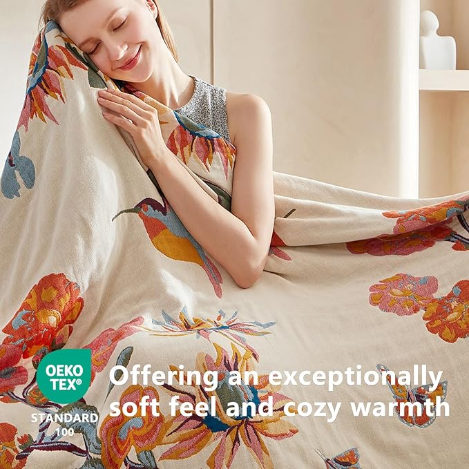 Boho Throw Blanket - 100% Cotton Soft Throw Blanket for Bed, 90"x90" Reversible Breathable Lightweight Spring Blankets, All Seasons Farmhouse Decor Floral Plant Butterfly Throw Quilt