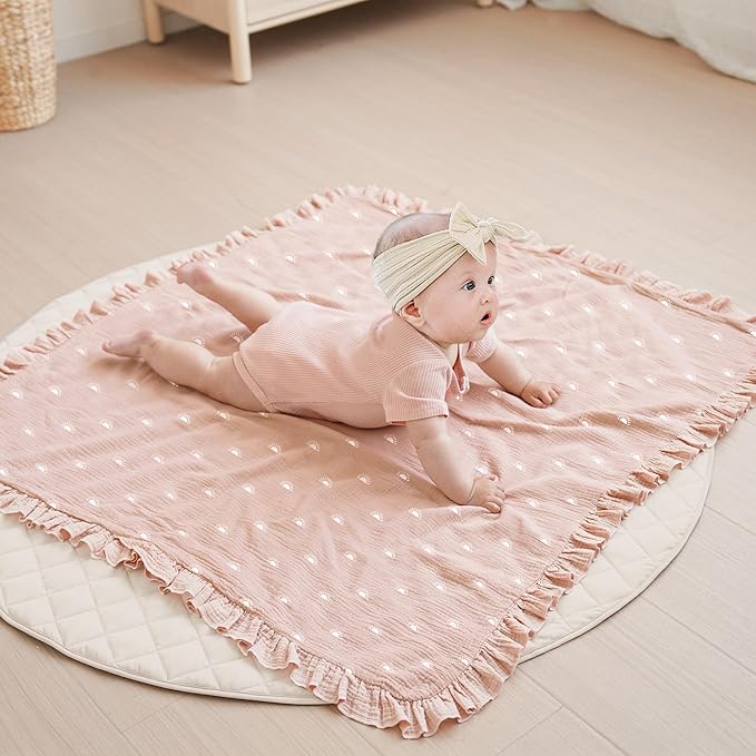 Konssy Flounce Muslin Baby Blanket for Girls Boys, 100% Cotton Soft Crib Swaddle Blankets, Reversible & Breathable Nursery Bedding for Newborns Toddlers, 40 x 36 Inches (Sun)