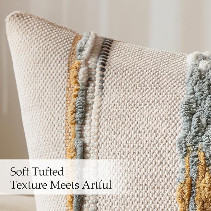 ANRODUO Pack of 2 Boho Decorative Throw Pillow Covers 20x20 Farmhouse Cushion Case Striped Chenille Pillow Cases Square Pillow Covers Accent Neutral Pillowcase for Sofa Couch Bed, Blue-Earth Tones